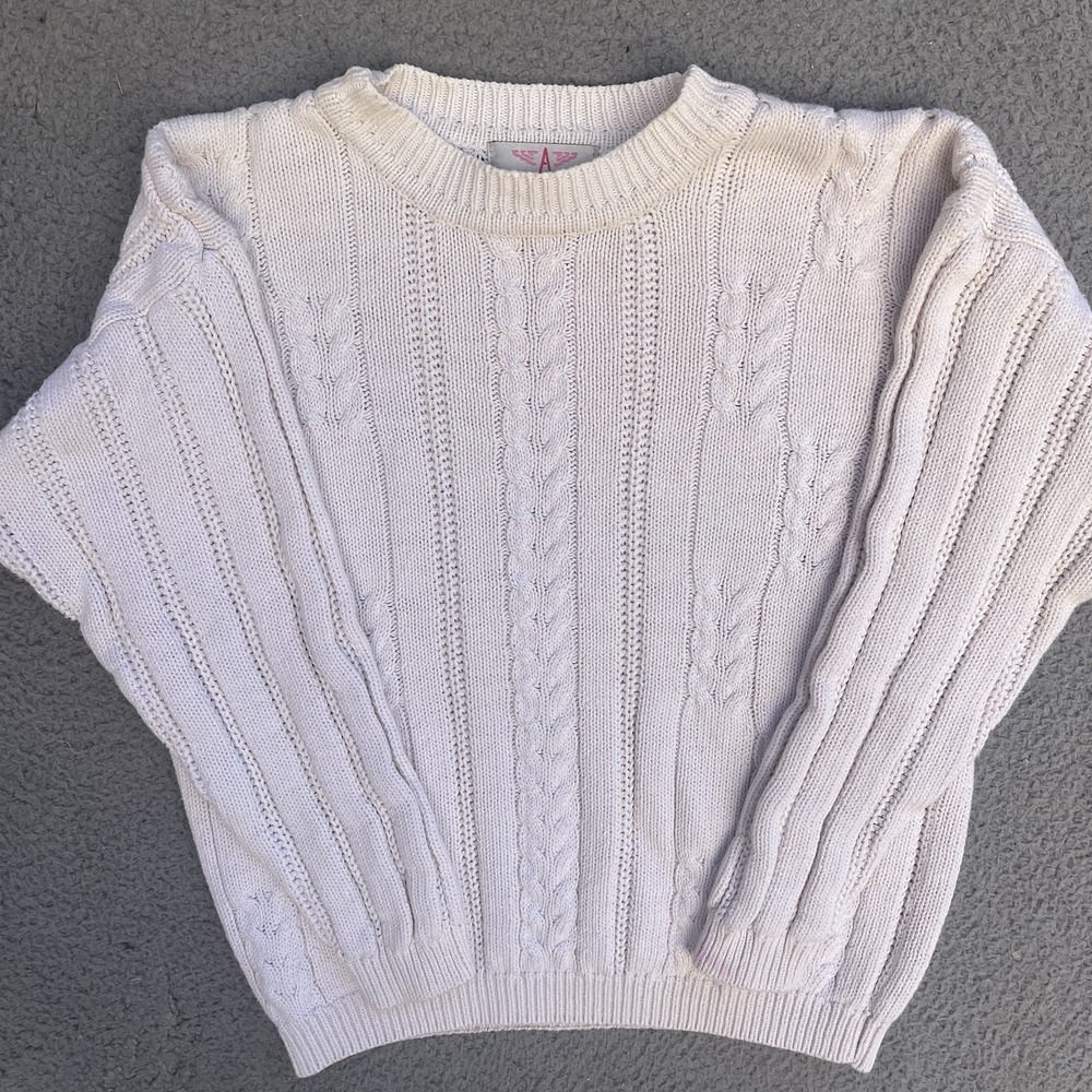 Vintage American Weekend Sweater Womens Medium White Cable Knit Long Sleeve Crew